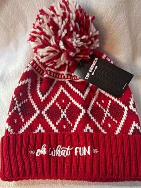 Top Drawer Red/White Argyle Beanie Hat Pom-Pom One Size  ‘oh what FUN’ Christmas